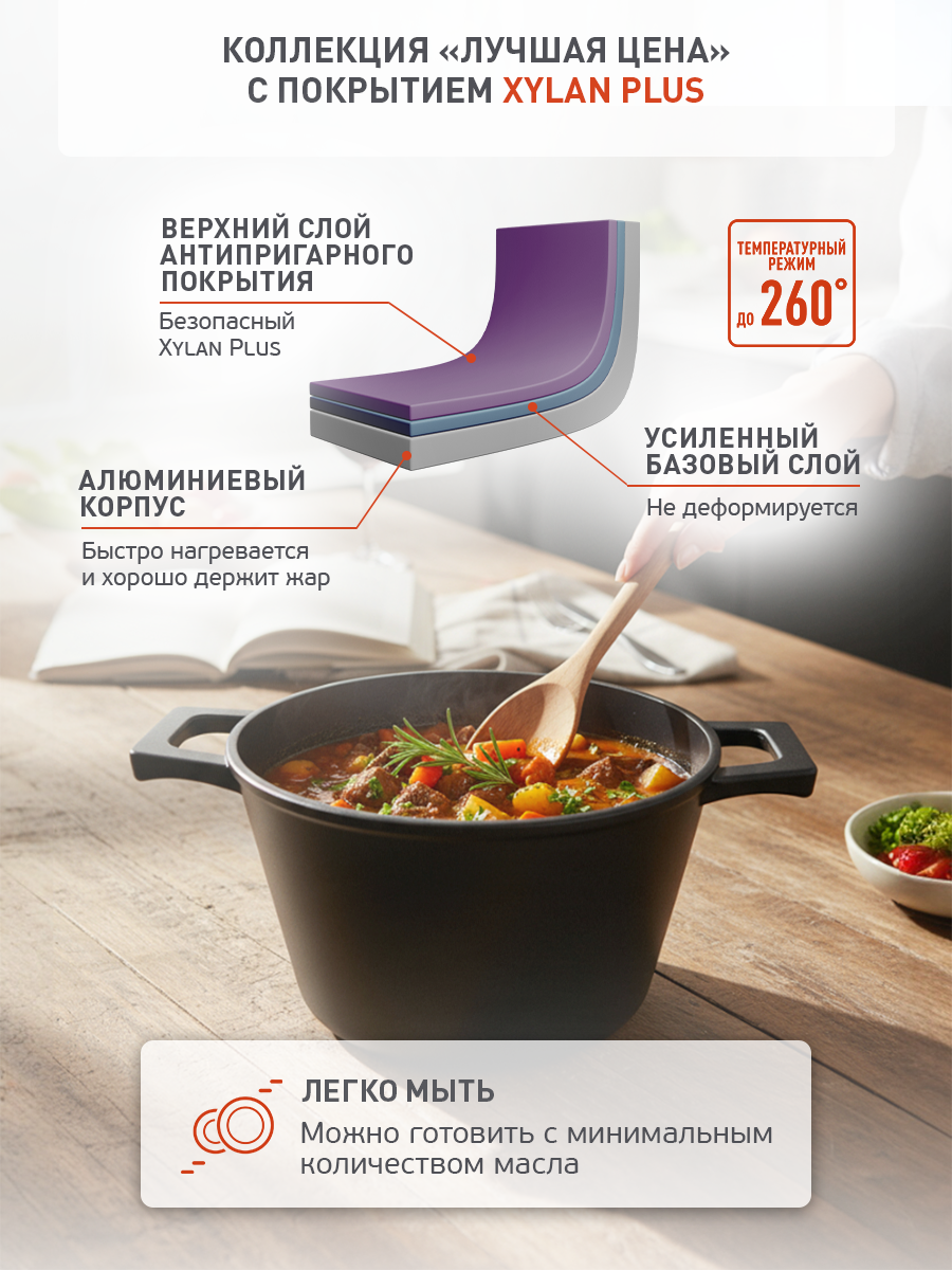 Кастрюля, 5л, с крышкой, из литого алюминия с антипригарным покрытием и литыми ручками — фото 1