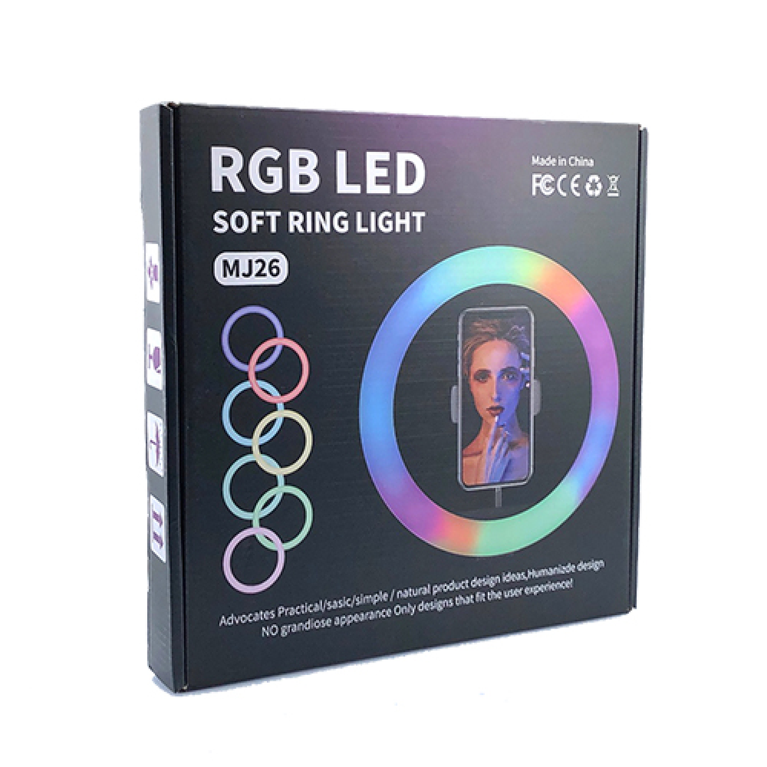 Изображение Кольцевая светодиодная лампа цветная (мультиколор) RGB MJ26 26 см с креплением для смартфона