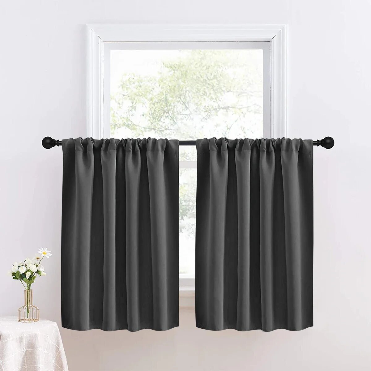 Однотонные короткие шторы из полиэстера Черный, W106 X H91CM 1PC, Dark Grey B