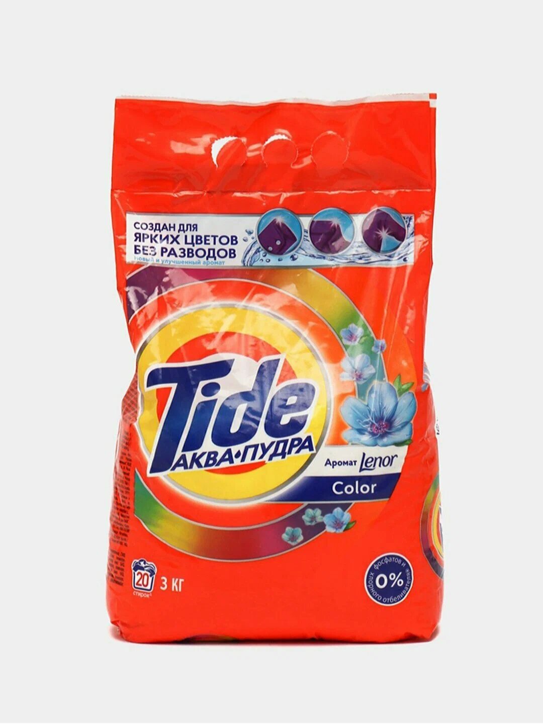 Стиральный порошок Tide, для автоматических стиральных машин, рассчитан на 20 стирок, вес — 3кг. Предназначен для цветного белья, имеет приятный аромат