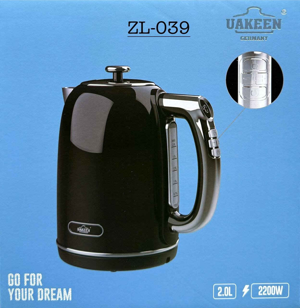 Электрочайник UAKEEN ZL-039, 2200Вт, блокировка без воды и крышки, терморисунок, 2л