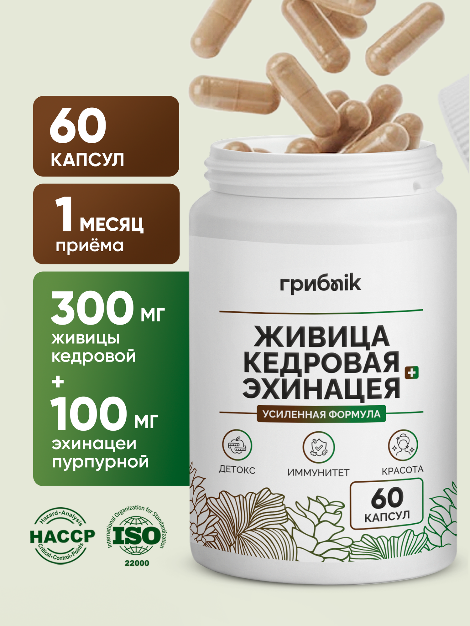 Живица кедровая + эхинацея для иммунитета противовирусное 60 капсул ГрибNik