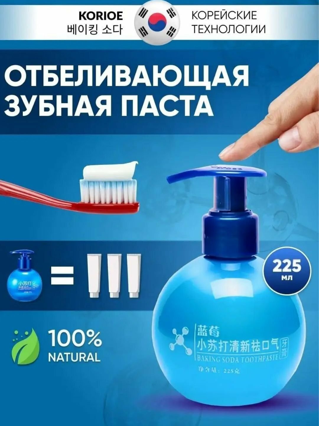 Зубная паста отбеливающая, гелиевая, Baking soda, голубика, натуральный чистящий эффект