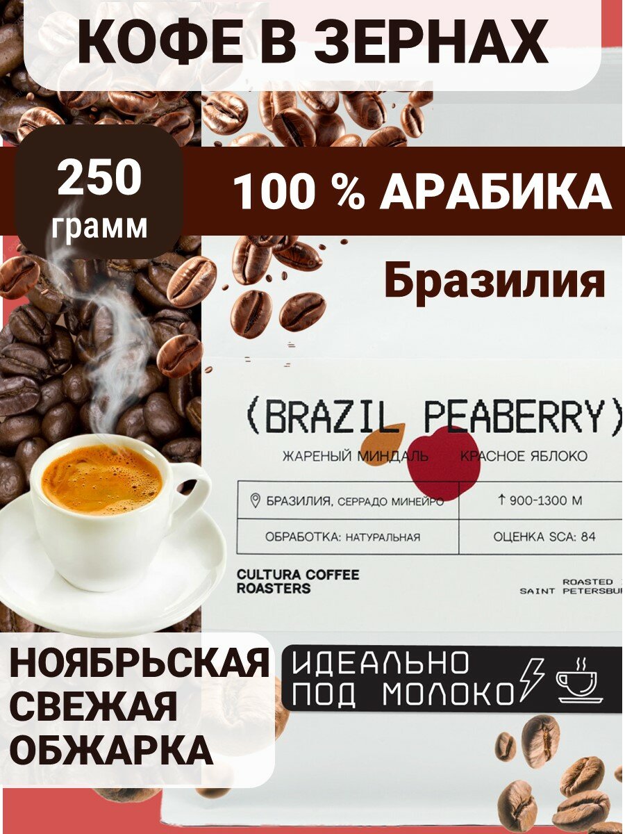 Кофе в зернах 250 гр Арабика для кофемашины зерновой марки Пиберри CCR Бразилия  Свежая обжарка 