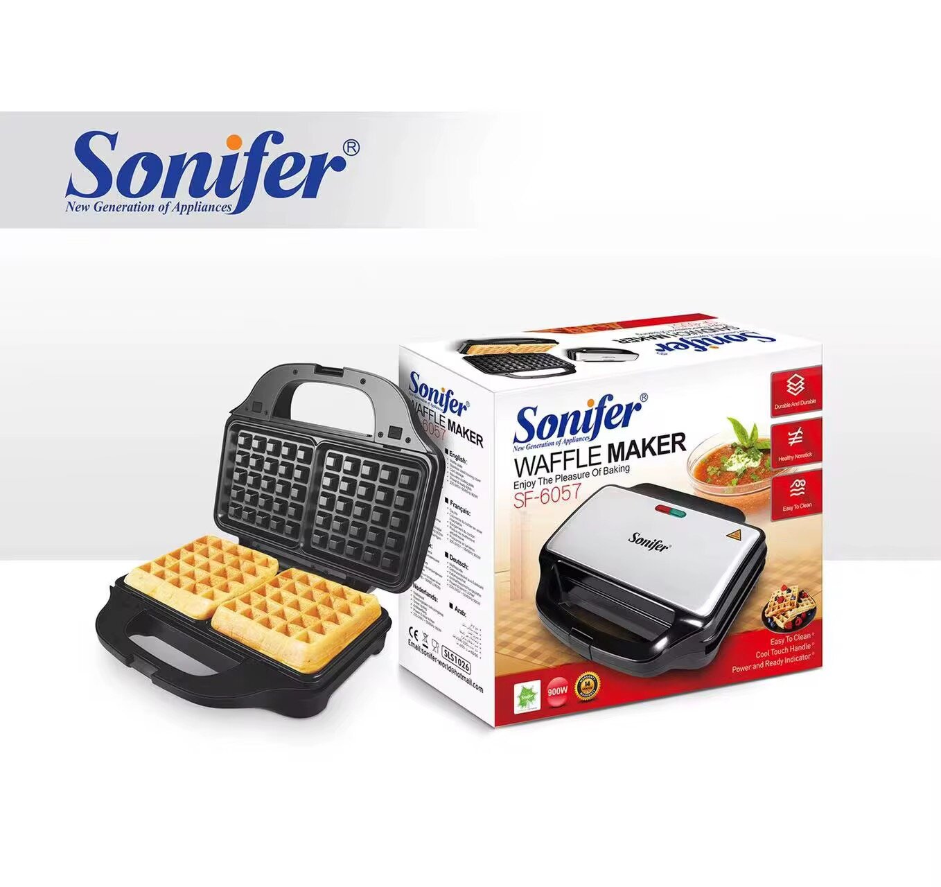Вафельница Sonifer SF-6057, антипригарное покрытие, мощность 900Вт
