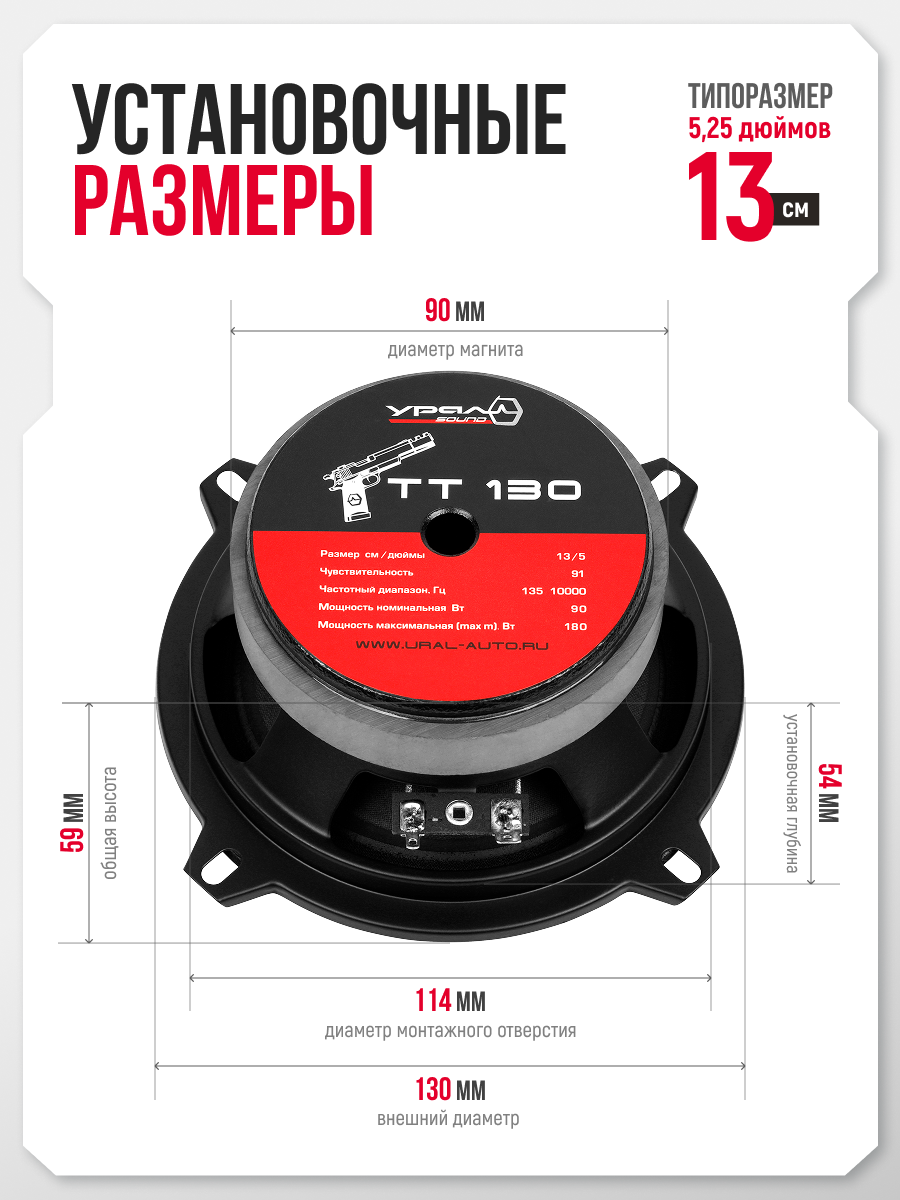 Акустика Урал TT 130, 13 см, диапазон частот 135 - 10000Гц, мощность 90/180Вт — фото 1
