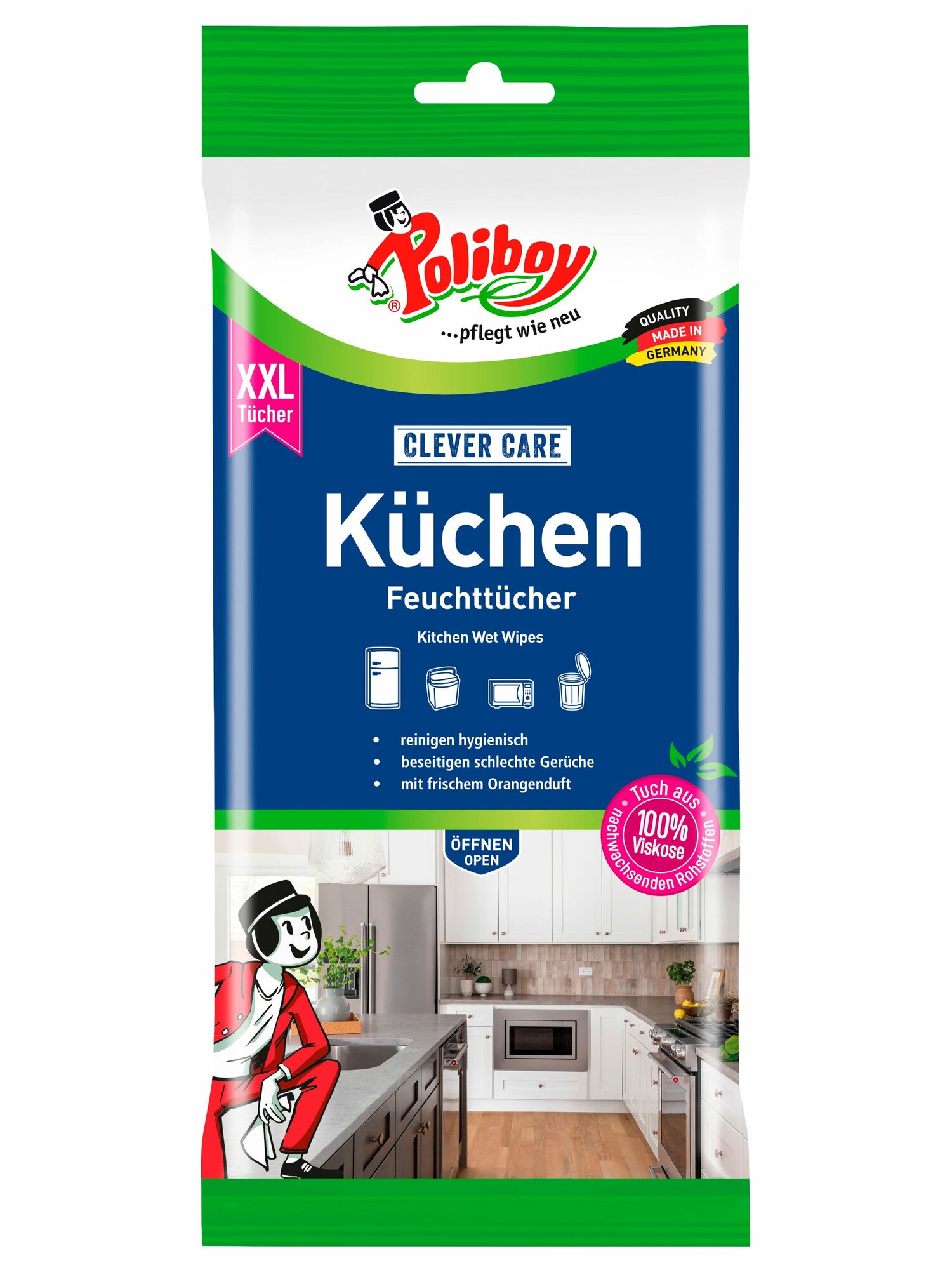 Poliboy влажные салфетки для кухни (48 шт.), для моющихся кухонных поверхностей, CLEVER CARE KUCHEN XXL