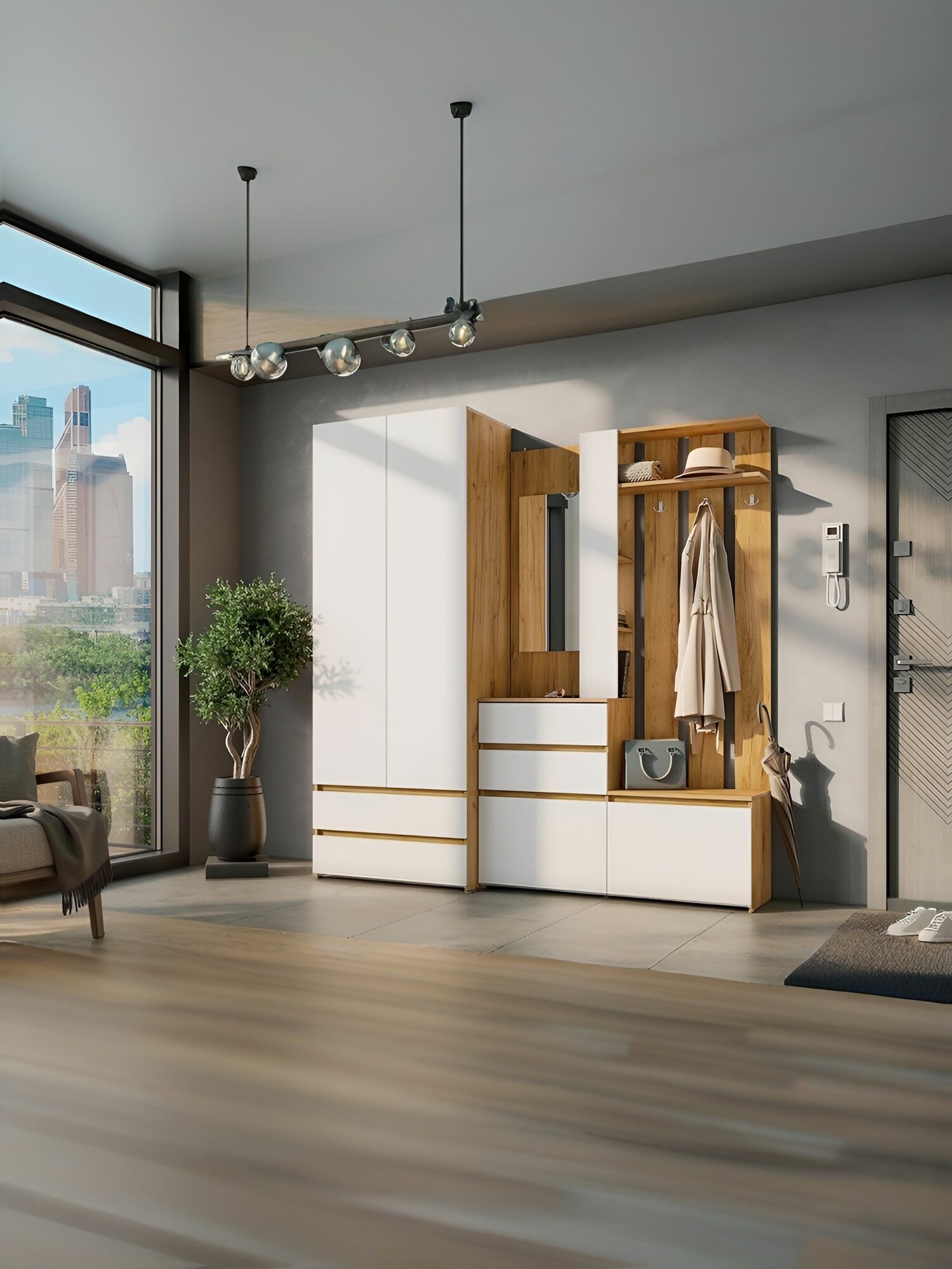 Прихожая Нарцисс с зеркалом дуб золотой / белый, 200.2х46х210 см