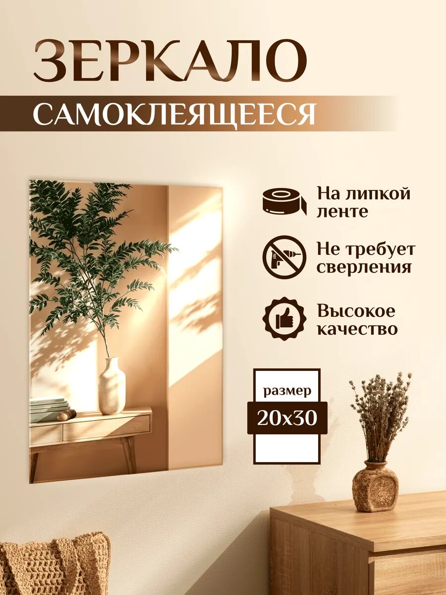 Зеркало настенное 30х20см на клейкой ленте
