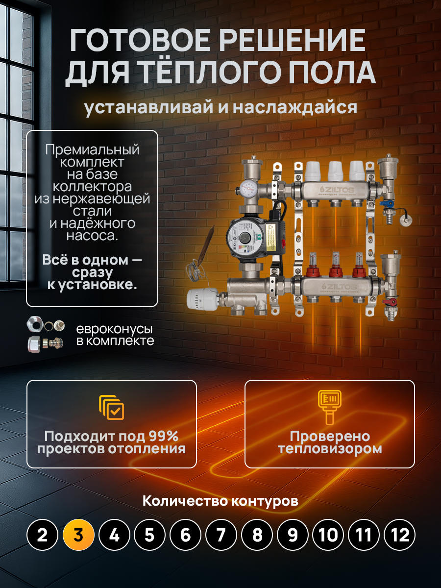 Комплект для водяного теплого пола 3 выхода / контура Ziltos / коллектор насос насосно-смесительный узел евроконусы
