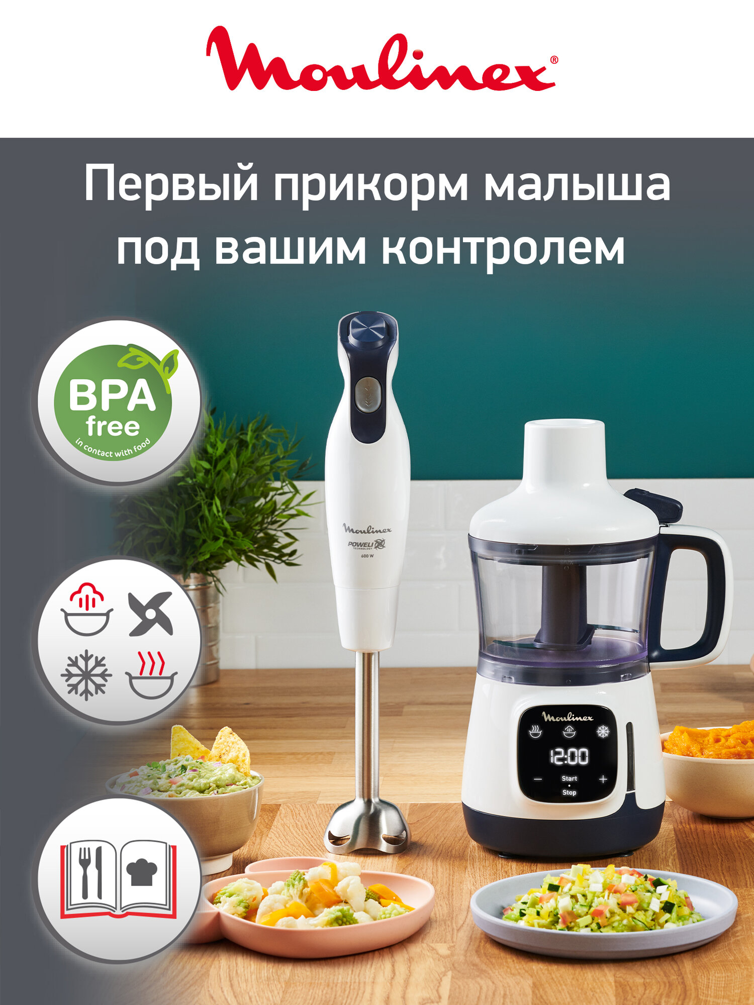 Блендер погружной Moulinex Yummy Gourmet DD55W110, белый, синий, пароварка, мощность 600 Вт, измельчитель