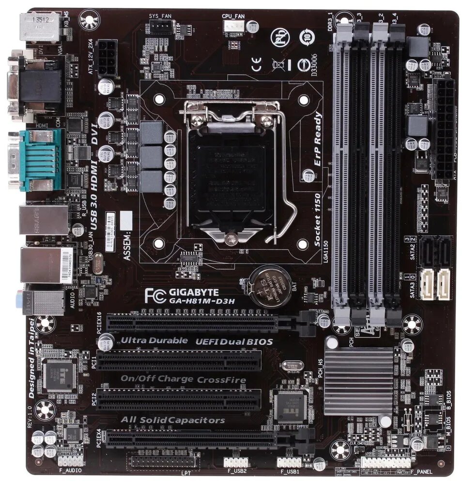 Материнская плата GIGABYTE GA-H81M-D3H rev1.0 (RTL) LGA1150 2xPCI-E Dsub+DVI+HDMI GbLAN SATA MicroATX 4DDR3