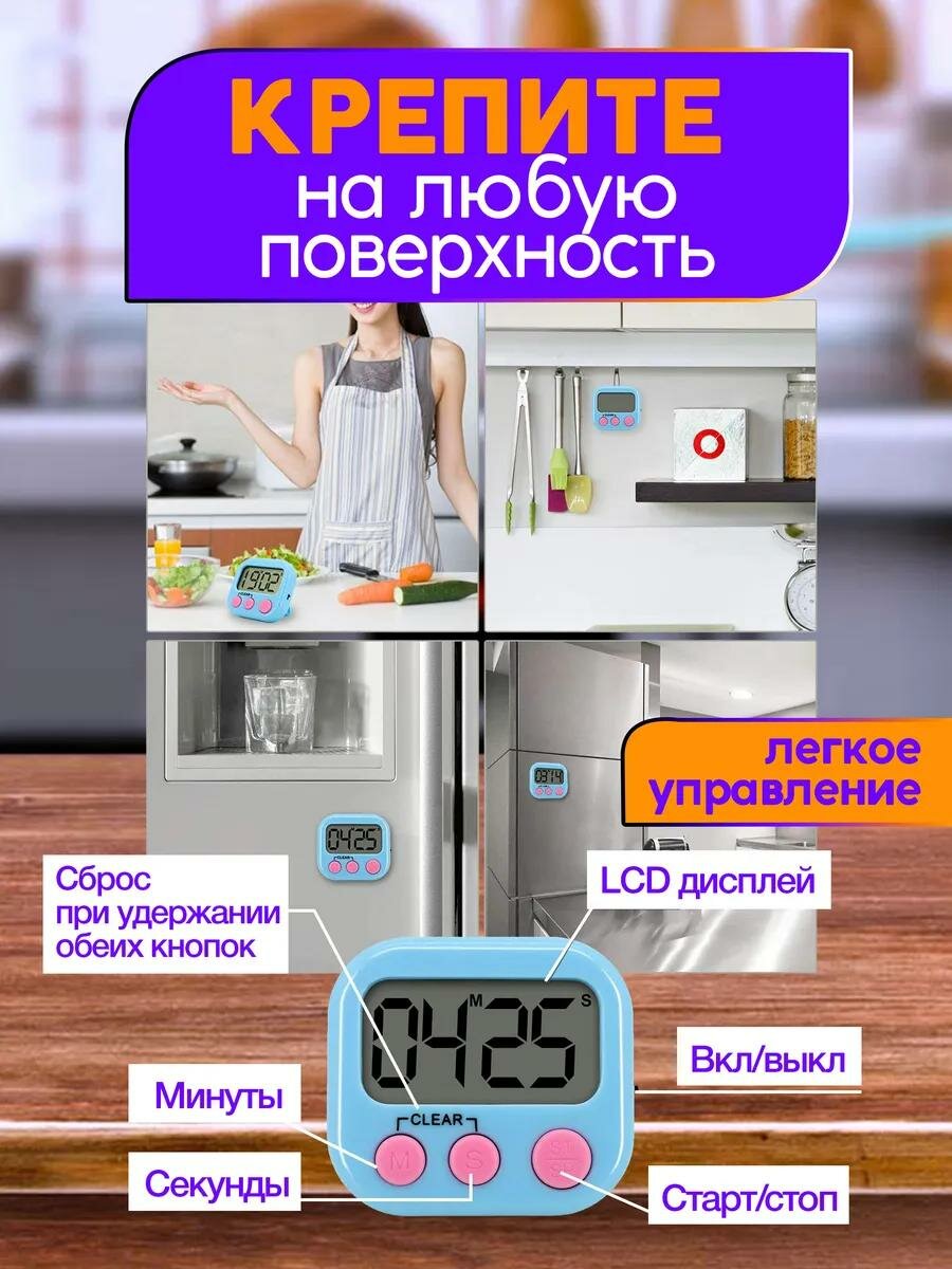 Изображение Таймер кухонный электронный, таймер кухонный на магните со звуковым сигналом, будильник для кухни,7 х 2 х 6.5 см