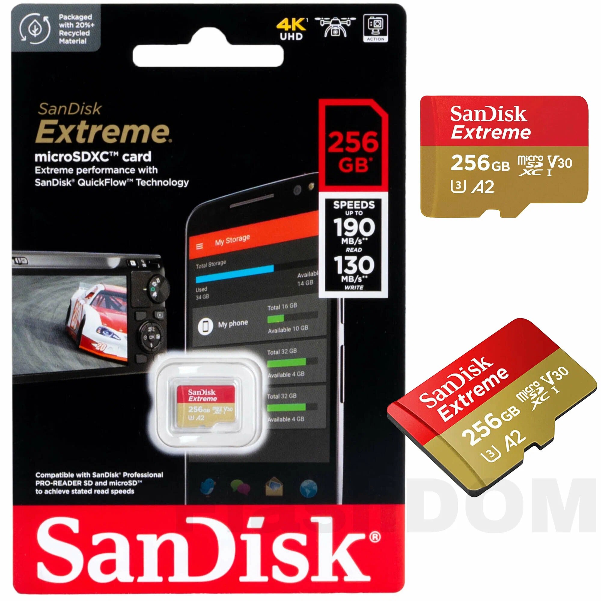 Карта памяти SanDisk Extreme MicroSDXC 256 ГБ Class 10, V30, A2, UHS Class 3, R/W 190/130 МБ/с, 1 шт. (без адаптера)