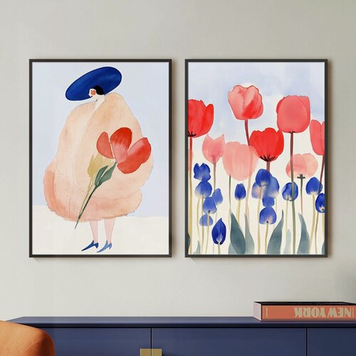 Изображение товара Набор постеров "Девушка и красные тюльпаны" 2 шт 50x70 для интерьера на стену