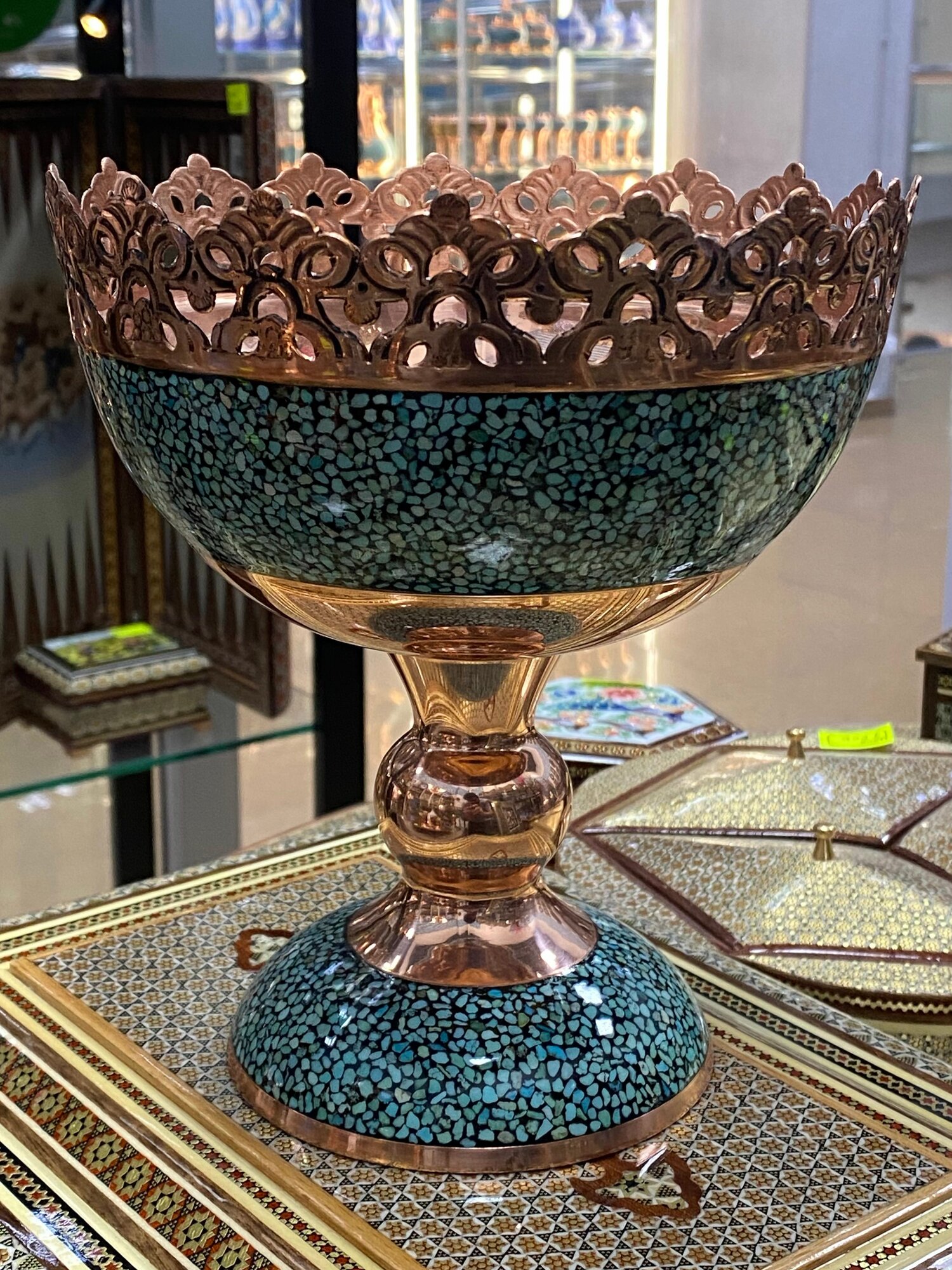 Фруктовница Персидский базар Фирузе, ручная работа, бирюзовая, диаметр 18см — фото 1