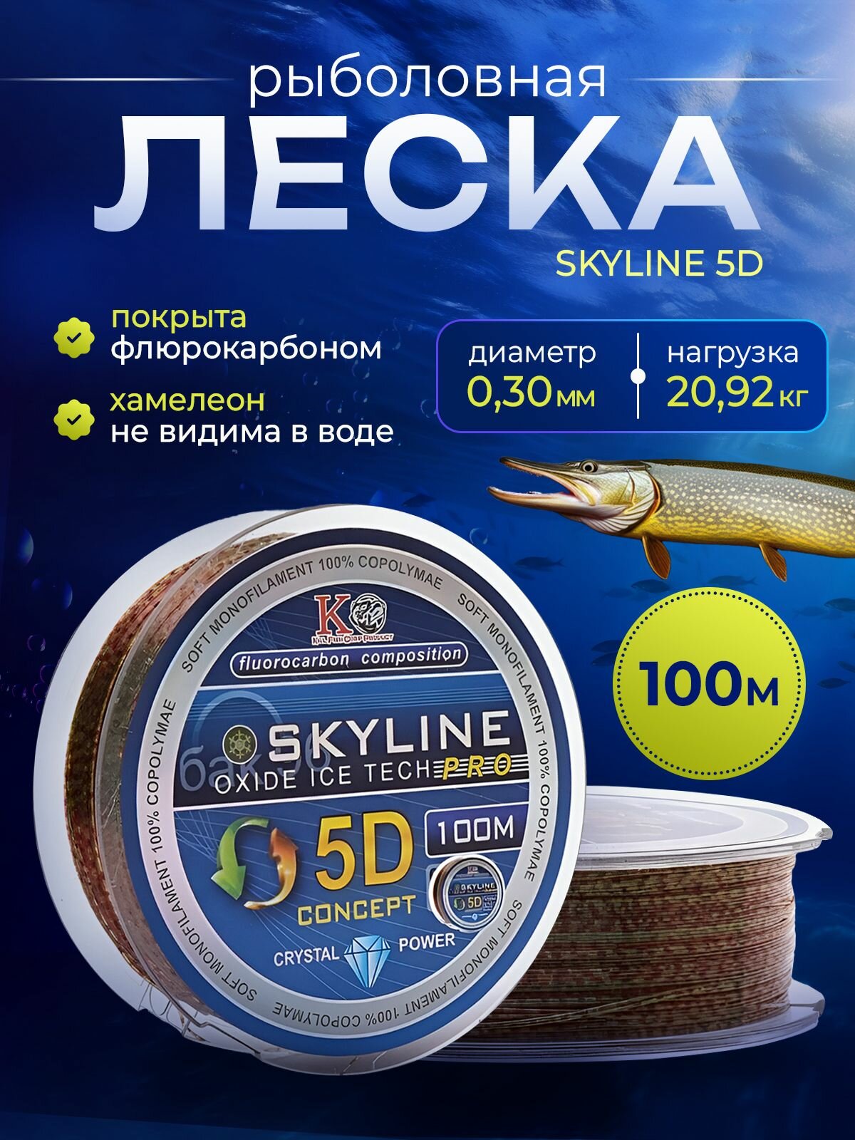 Флюорокарбоновая леска для рыбалки "Свияга" / Леска для летней рыбалки SKYLINE 5D.