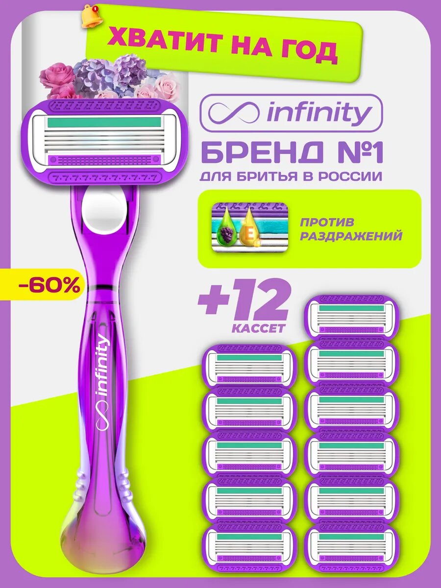 Бритва женская станок для бритья с 12 кассетами INFINITY SenseBerry, 4 лезвия