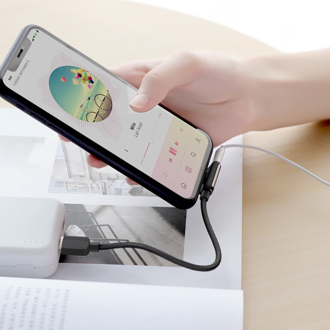 Переходник с Lightning на USB кабель(для зарядки)+наушники lightning, LS28, Hoco — фото 1
