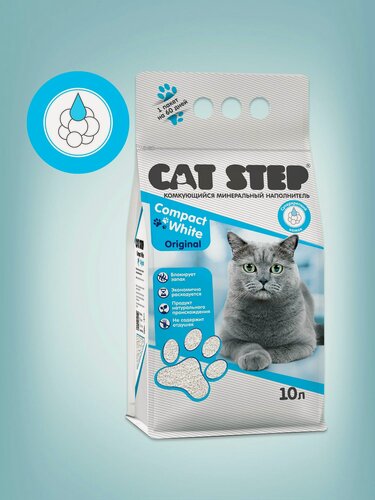 Изображение товара Наполнитель для кошачьего туалета комкующийся минеральный CAT STEP Compact White Original, 10 л
