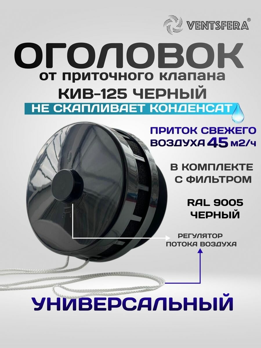 Оголовок от приточного клапана КИВ-125 универсальный с фильтром RAL9016 черный приток свежего воздуха 45м2/час