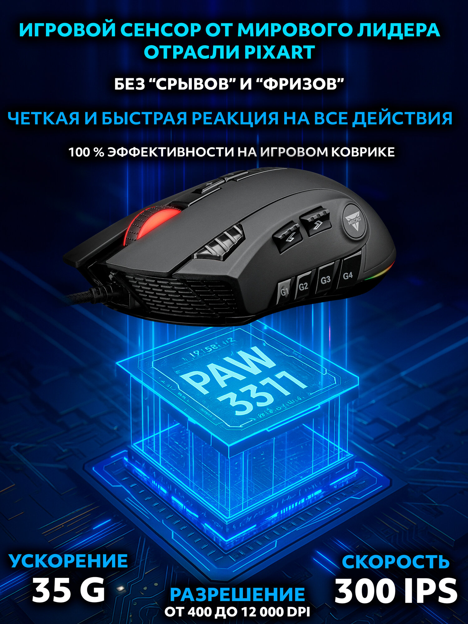 Мышь игровая PANTEON PS90, USB Type-A, оптическая, подсветка, 12 клавиш — фото 1