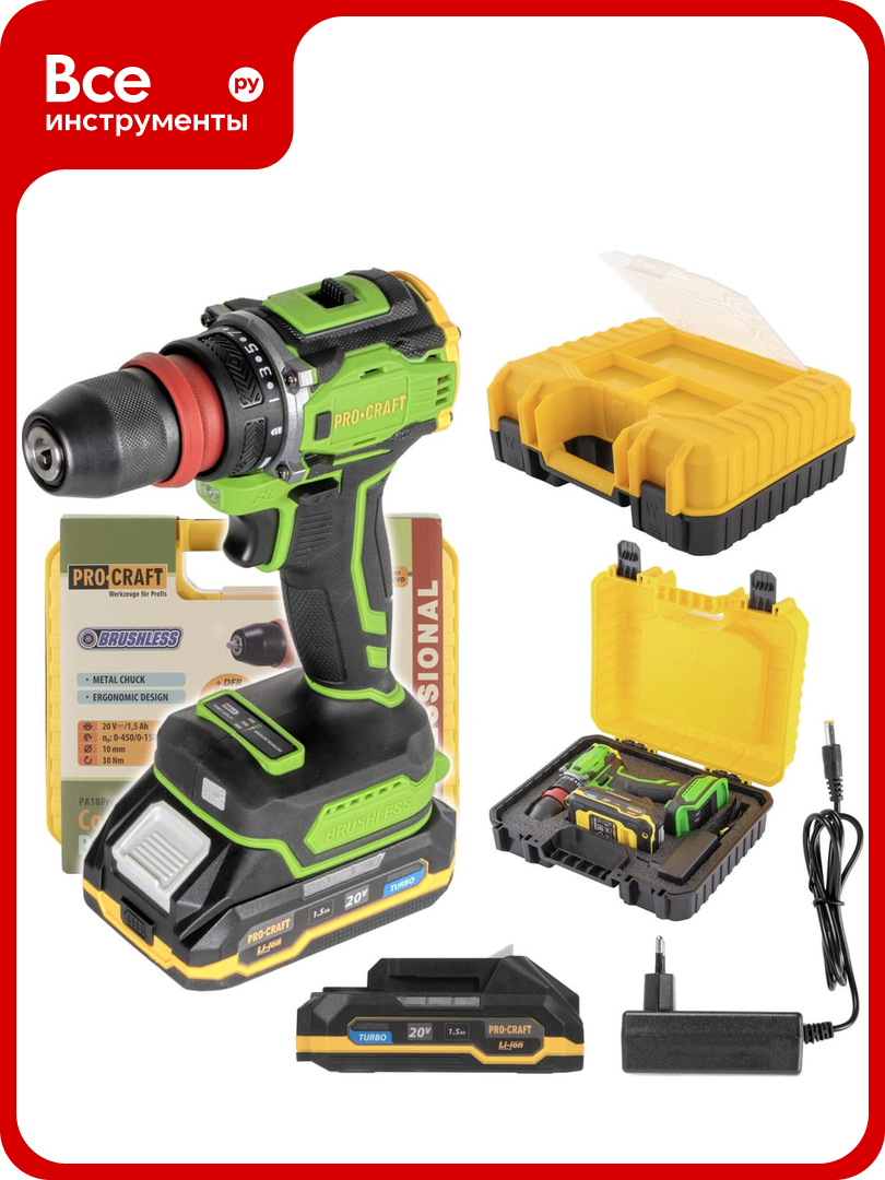 Шуруповерт аккумуляторный PROCRAFT PA18Pro DFR 20В 30Нм (1 АКБ 15Ач+ЗУ+Кейс) PA18Pro DRF-1b-c