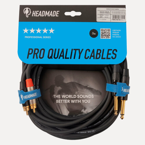 Изображение товара HeadMade Pro 2*RCA(Male) to 2*Jack 6.3(Male) black, 3m - межблочный кабель