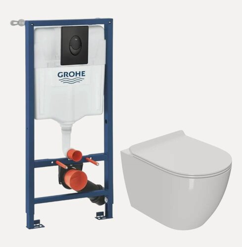 Изображение товара Комплект 2 в 1 Унитаз подвесной Bauedge Bau Ceramics / Инсталляция с кнопкой Grohe Rapid SL 1000044 цвет черный