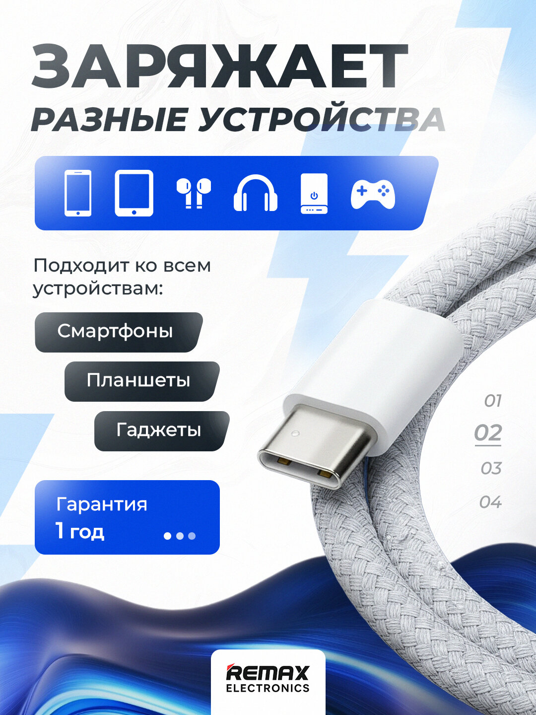 Кабель для зарядного устройства, Type-C - Type-C, тканевая поверхность — фото 1