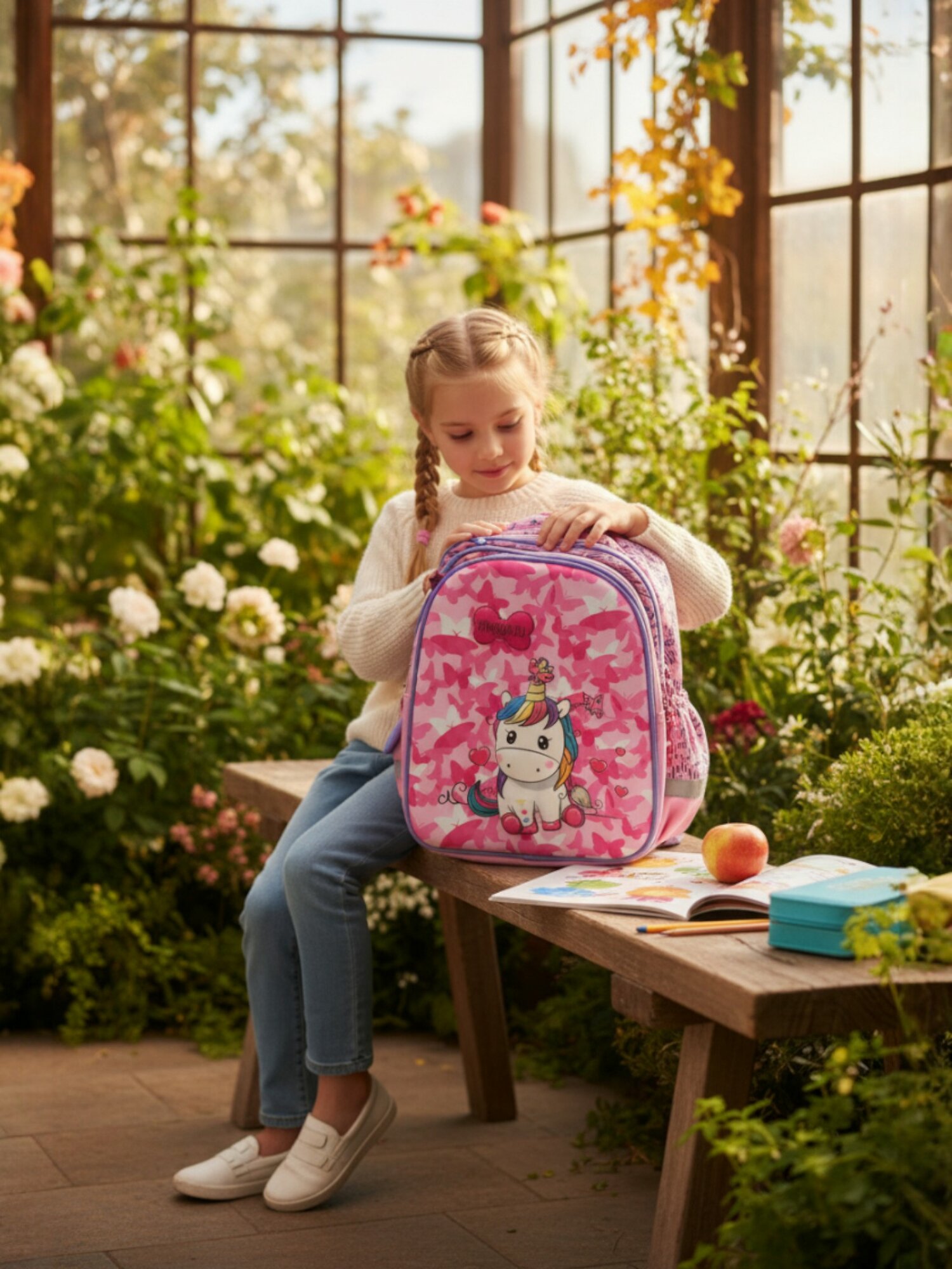 Школьный рюкзак для девочки с пеналом. Средняя и старшая школа. Грудная стяжка