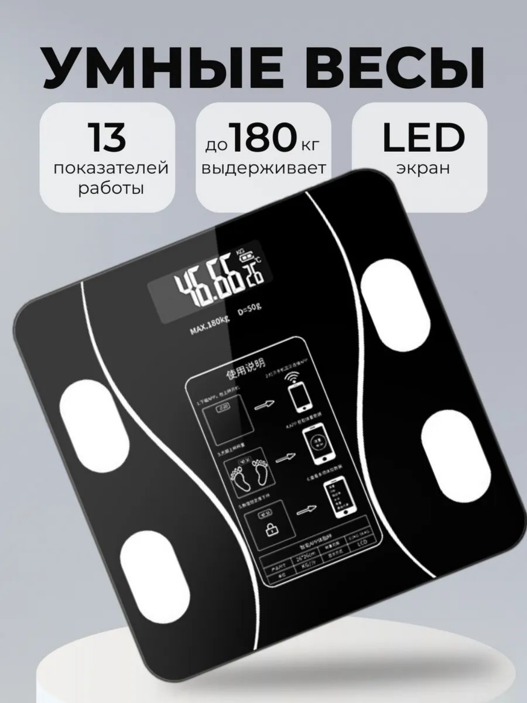 Весы напольные, умные электронные, фитнес весы, для тела, для дома, до 180 кг