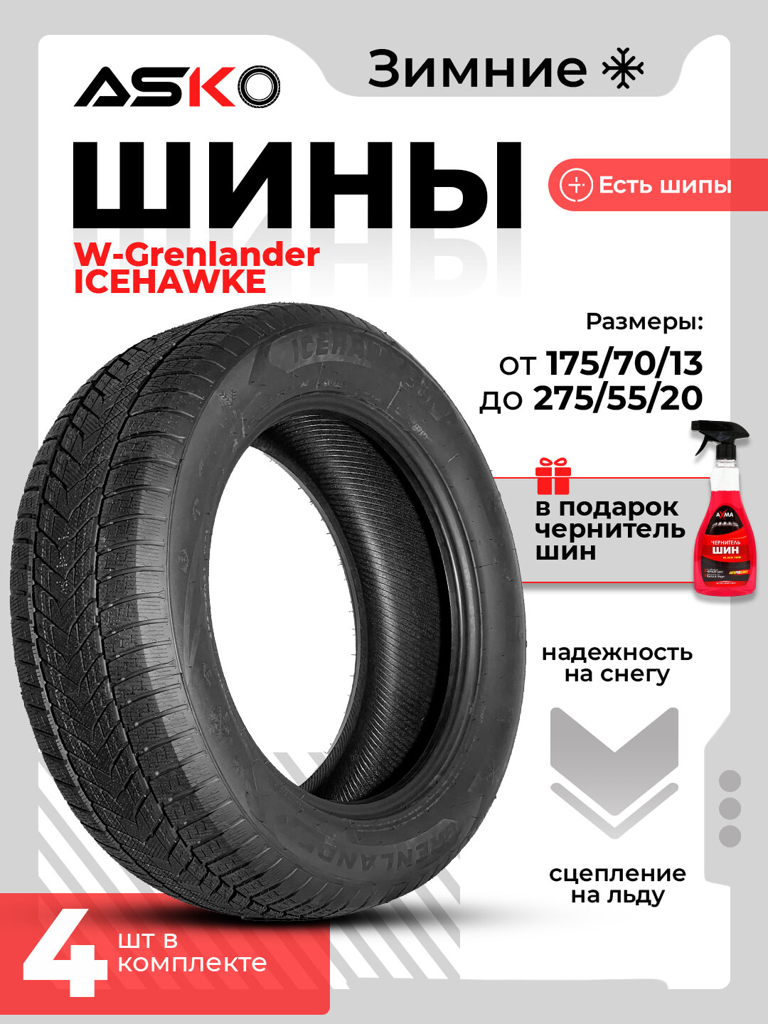 Шины Grenlander ICEHAWKE ASKO, для зимы, с чернителем шин в комплекте, 4 штуки, 225/55R17