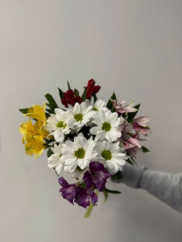 Изображение товара Букет из 1 кустовой хризантемы и 5 альстромерий микс, под ленту, 50 см | Турбофлора