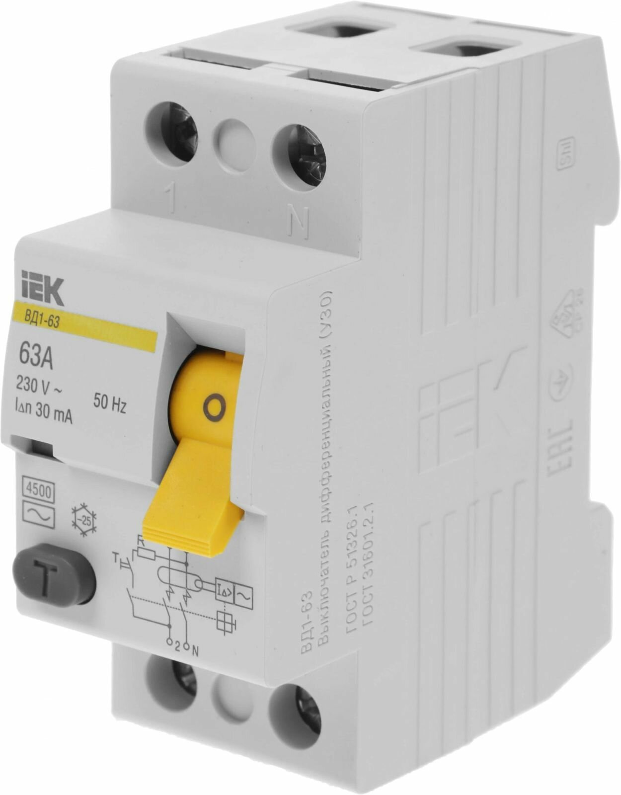 Выключатель IEK дифференциального тока Узо Вд1-63 63A 30мА AC 2П 230В 2 модуля, белый 1 шт (MDV10-2-063-030)