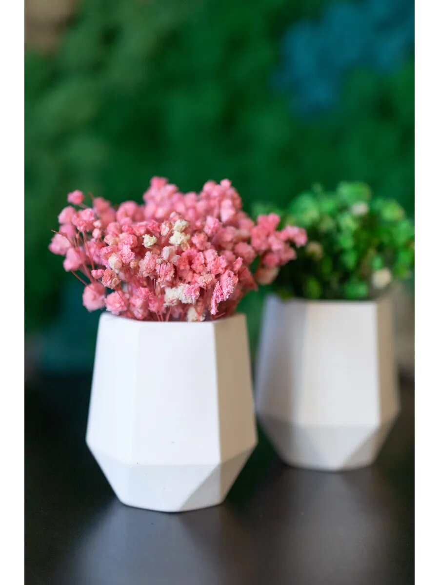 Кашпо StabFlora настольные белые с розовой и зеленой стабилизированной гипсофилой, высотой 7 см — фото 1