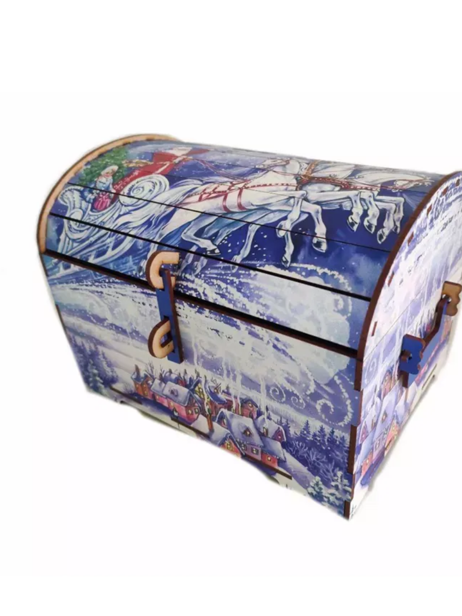 Сундук "Зима-1", деревянный, для декора, с изображением Деда Мороза