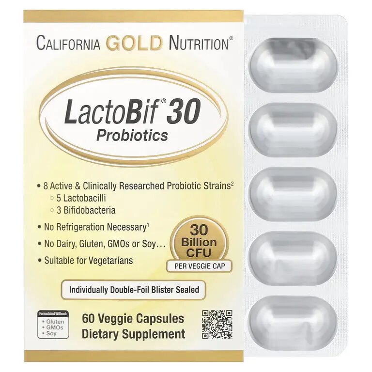 Пробиотики California Gold Nutrition, LactoBif, 30 млрд, детокс, для кишечника и иммунитета