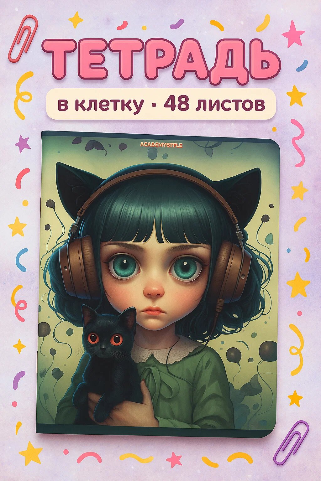 Тетрадь в клетку, 48 листов, A5, мягкая обложка — «Cat Headphones Girl / Слишком мило»