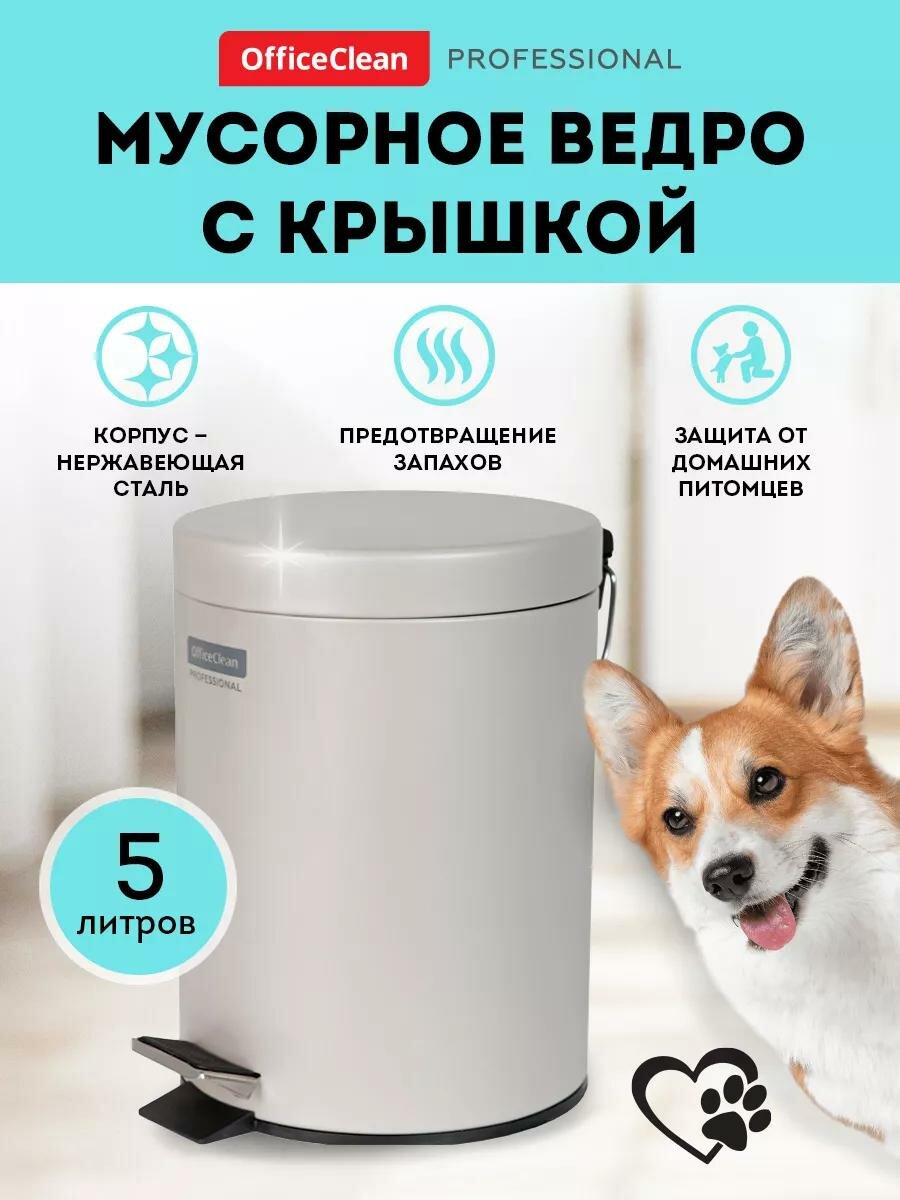Мусорное ведро OfficeClean Professional, с крышкой, с педалью, 5 л, серебристое
