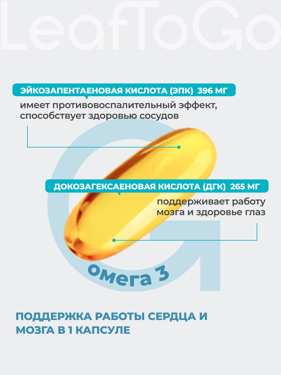 Омега-3 капсулы 720мг ЭПК+ДГК, рыбий жир 1200 мг LeafToGo, для сердца и сосудов, 120шт — фото 1