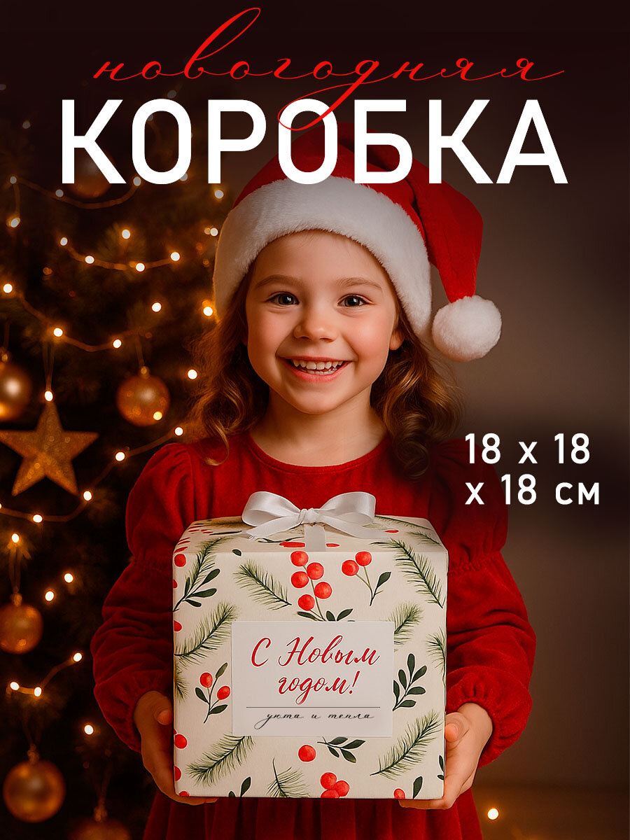Подарочная коробка «Новогодняя» 18 х 18 х 18 см белый для упаковки подарка на Новый год