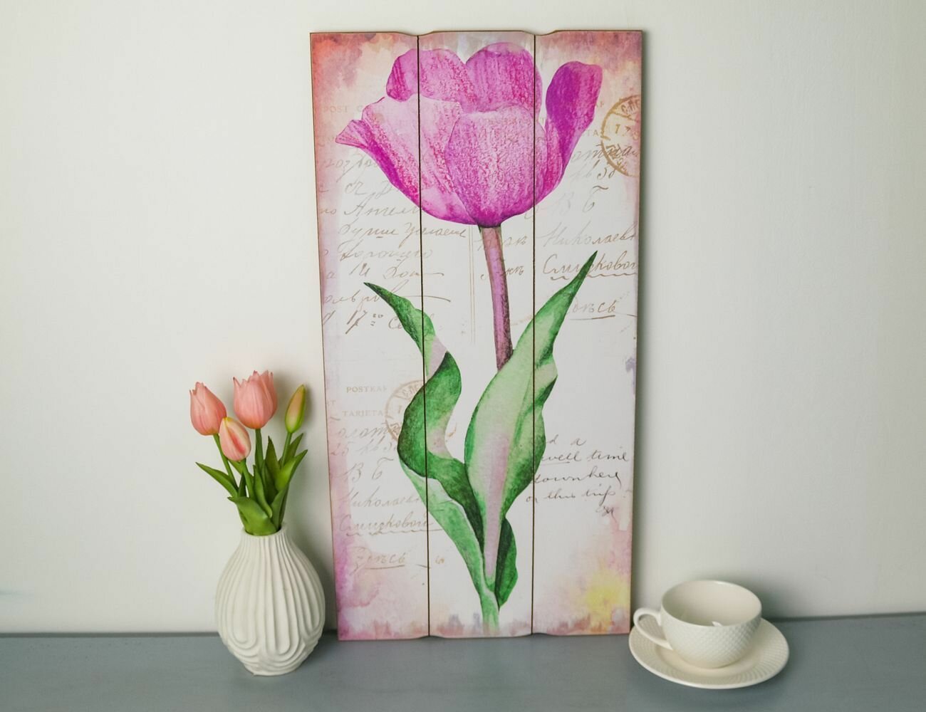 Деревянное настенное панно тюльпан ‘розовый фокстрот’ 60х30 см Kaemingk 879874-4