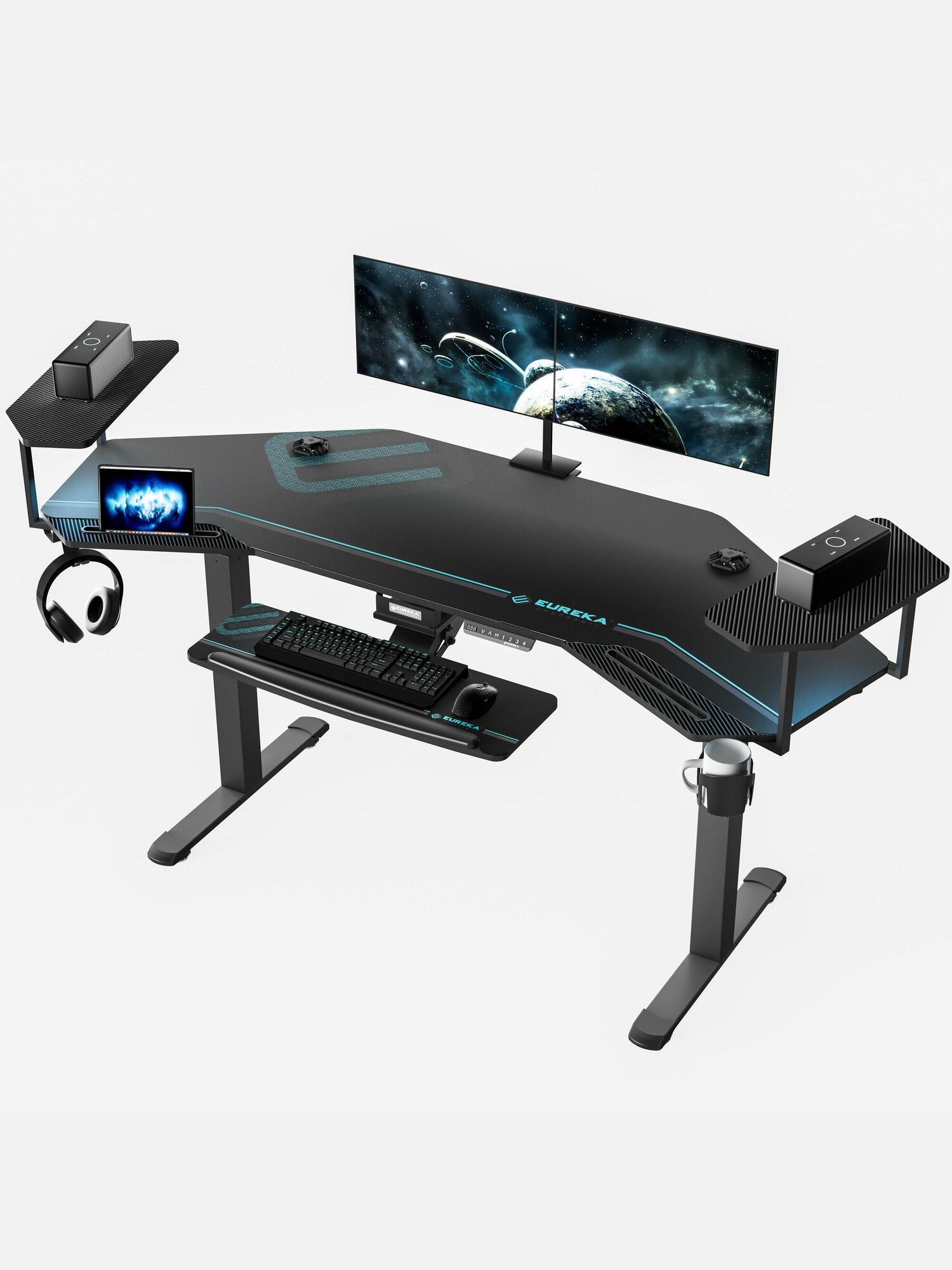 Стол для для геймеров с подставкой под клавиатуру и электрической регулировкой по высоте Eureka ERK-ES71-B, черный