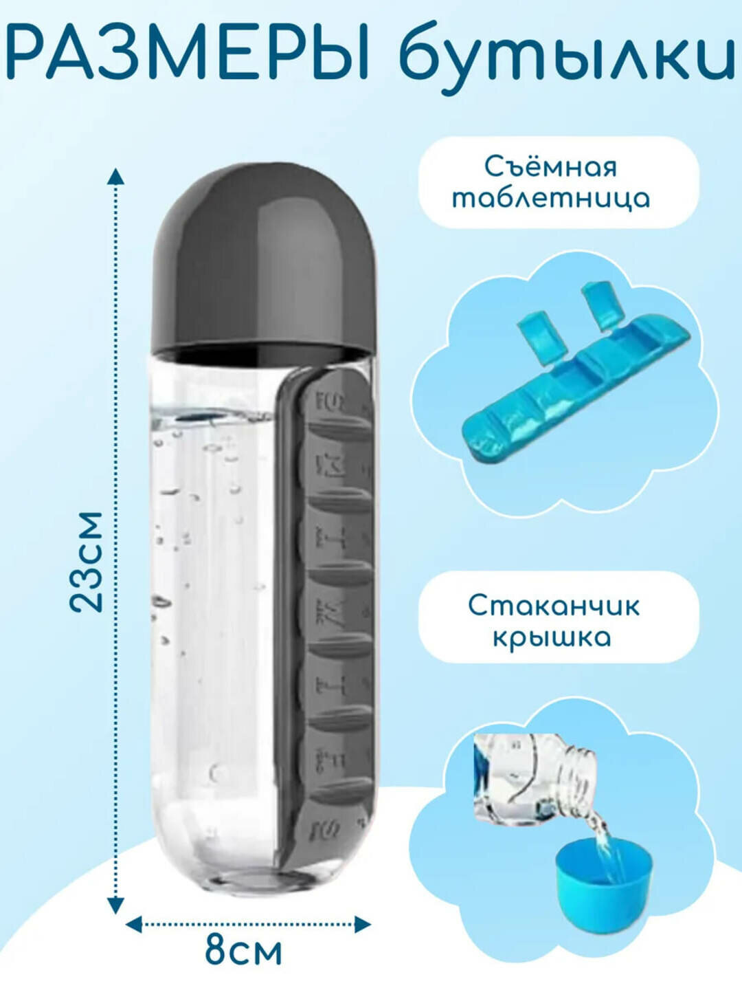 Бутылка для воды " Органайзер для таблеток ", пластик, 600мл — фото 1