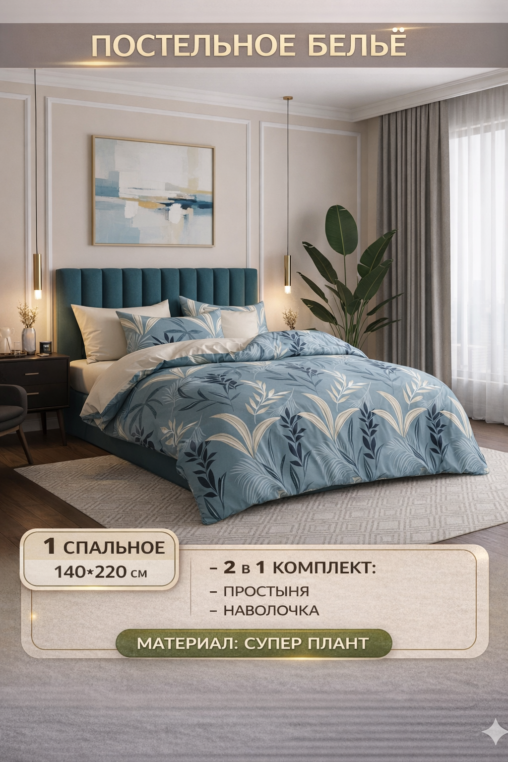 Комплект постельного белья от бренда TSS 1-спальный 140×220 см, простыня и наволочка, материал Plant