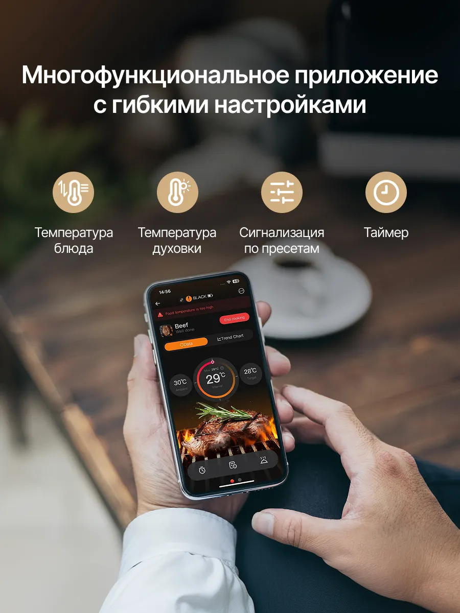 Термометр INKBIRD INT-12EBW, для мяса, с двумя щупами, беспроводной, сталь, керамика, черный — фото 1