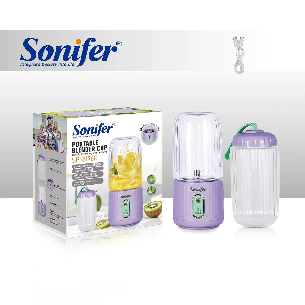 Шейкер Sonifer-8173, портативный, ручной, мини-блендер, 3в1, для смузи, мощность, 350мл