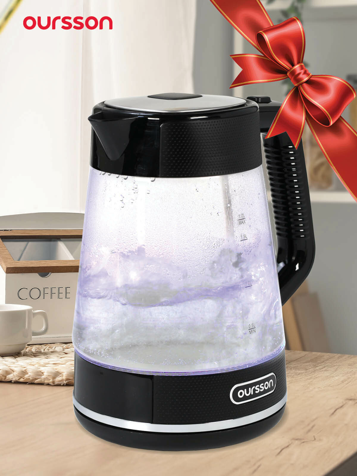 Электрический чайник Oursson KE1747G/BL, 1.7л, 2200Вт, пластик/стекло, чёрный