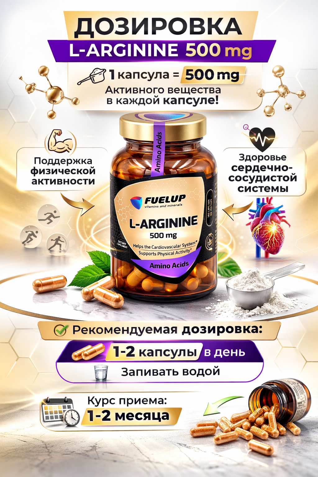 FuelUP L-Arginine 500mg 120 капсул — для выносливости и восстановления Аргинин